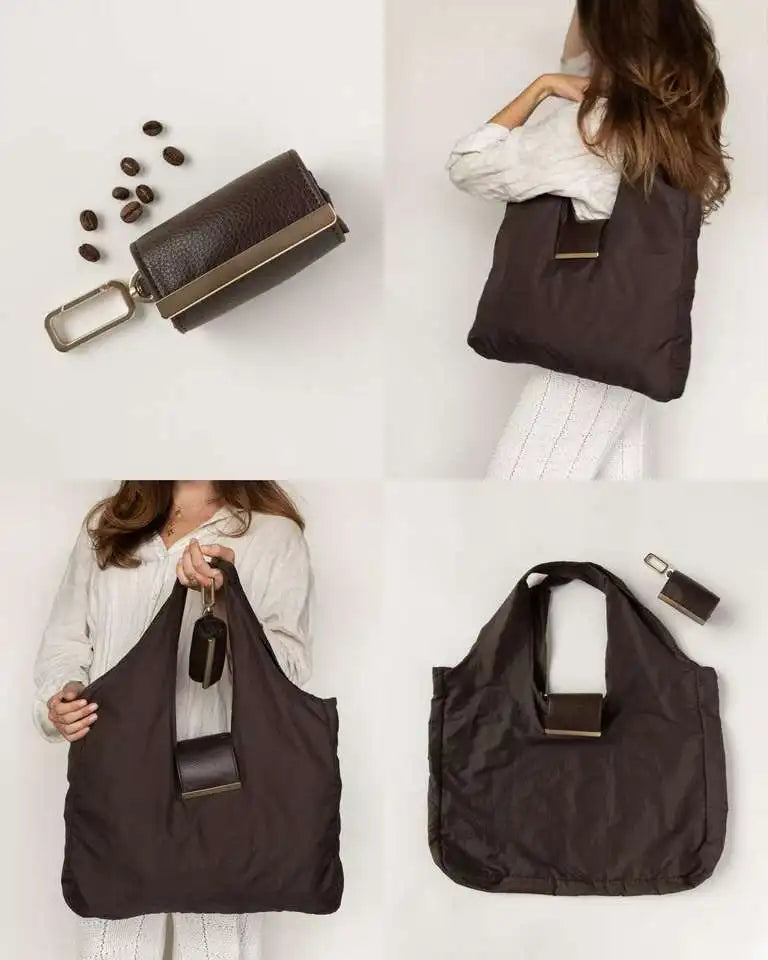 Bolso Eco-Tote Plegable 2 en 1 | Llavero de Cuero Sintético y Mosquetón. Elegante y práctico.