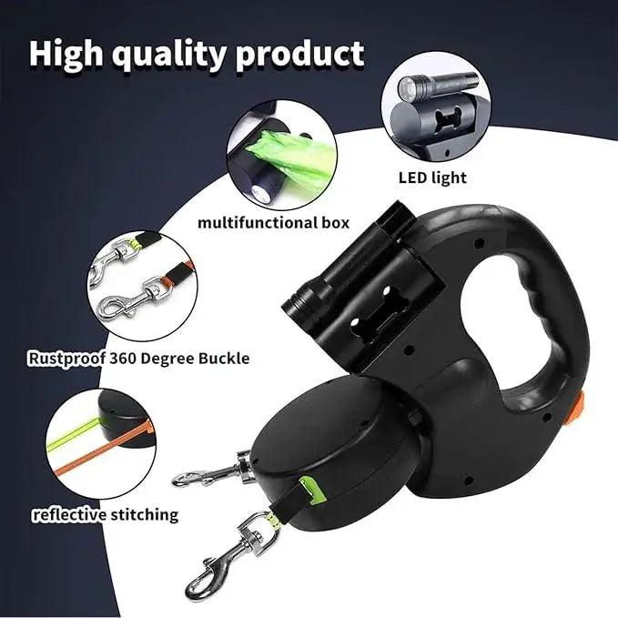 Correa 360° para perros, paseo de mascotas, con luz led incluida, con cuerda de tracción retráctil doble cabeza.