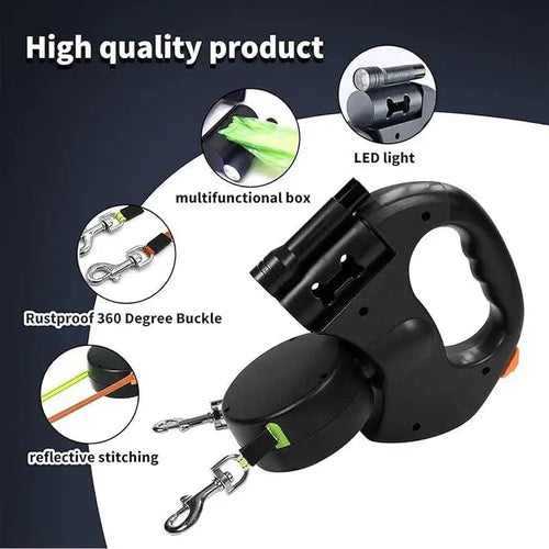 Correa 360° para perros, paseo de mascotas, con luz led incluida, con cuerda de tracción retráctil doble cabeza.