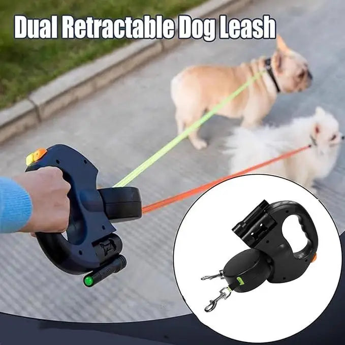 Correa 360° para perros, paseo de mascotas, con luz led incluida, con cuerda de tracción retráctil doble cabeza.