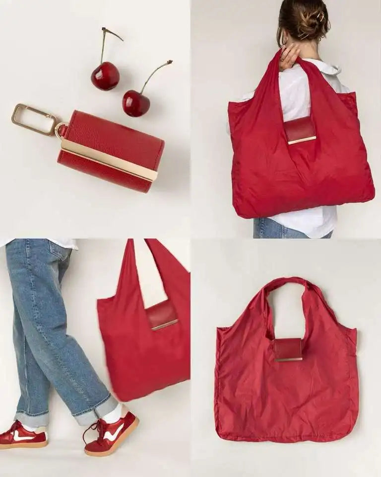 Bolso Eco-Tote Plegable 2 en 1 | Llavero de Cuero Sintético y Mosquetón. Elegante y práctico.