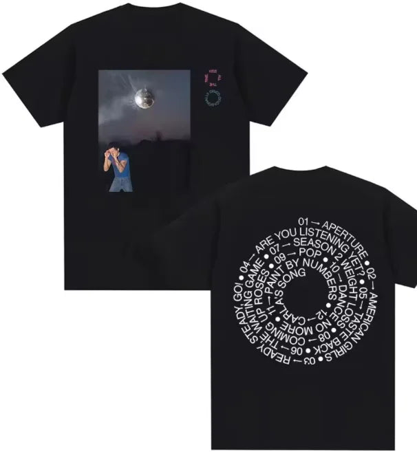 Camiseta Estilo "Merch" Harry Styles - Diseño Disco Ball & Tracklist Espiral. Kiss All The Time. Disco, Occasionally 2026.
